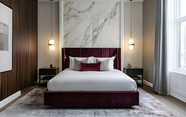 A contemporary bedroom with a velvet headboard, marble walls, and modern lighting features