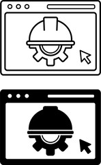 IT Engineering Icons. Black and White Vector Illustrations. Construction Helmet, Gear, and Application. Development, Implementation, and Support of Information Technology in Industry