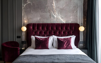 A contemporary bedroom with a velvet headboard, marble walls, and modern lighting features