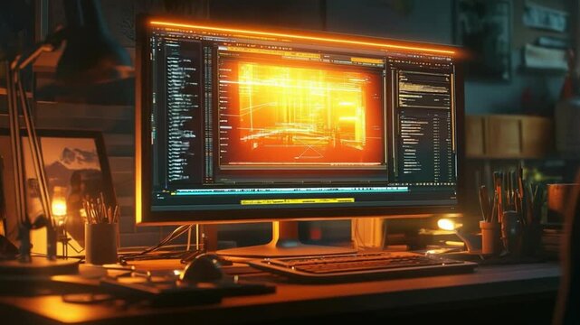 Coding Workspace Setup with Modern Computer and Peripheral Equipment for Design Task