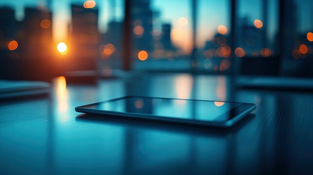 Tablet on a table, city view - Powered by Adobe