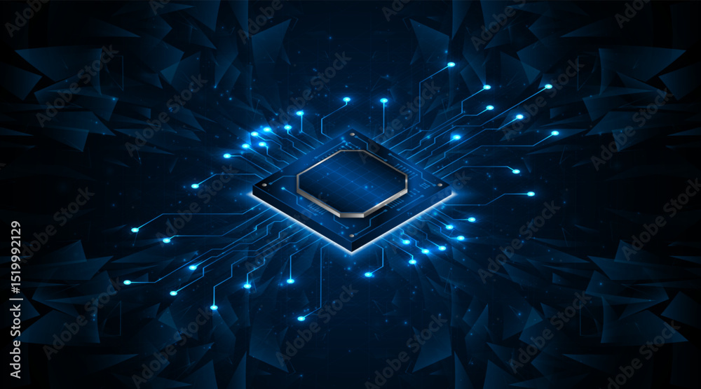Aufkleber Microchip processor circuit board technology on dark blue background. Information Processing Concept. Circuit board hi-tech technology background. vector illustration	
