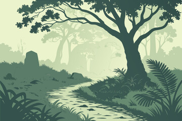 Serene Forest Stream Landscape Design featuring lush greenery, tranquil waters and majestic trees ideal for branding or logo creation