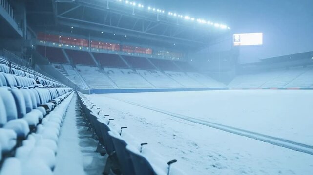 Snowy Stadium Ambiance: An Empty Venue Covered in Winter's Blanket, Perfect for Backgrounds