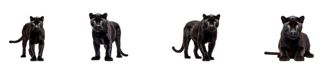 A collection of black panthers standing, isolated on a transparent background