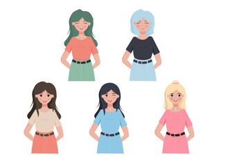 Set of Cute smiling women's. Fashionable girl. Cartoon style. Vector illustration.