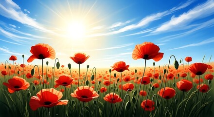 Fototapeta premium Vibrant Red Poppy Field Under Radiant Sunshine, Vector Illustration: Summer Meadow Landscape, Azure Sky, Wispy Clouds, Dynamic Composition, Bold Colors, Nature Art, Optimistic Mood, Serene Horizon
