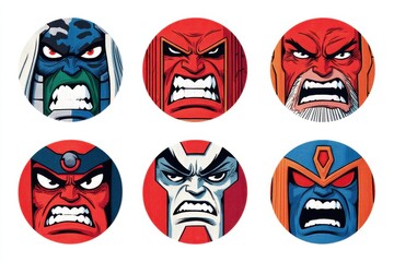 A colorful cartoon collage of six angry supervillains with intimidating expressions, showcasing a variety of bold reds, blues, and grays, creating a comic book style.