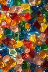 delightful assortment of gummy candies strewn across a surface, showcasing an array of jelly sweets in bright colors like red, green, yellow, and blue