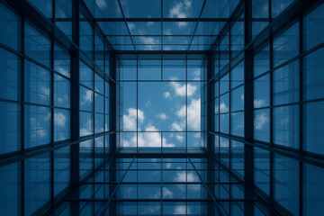 Modern Architecture Glass Cube Reflecting Sky and Clouds