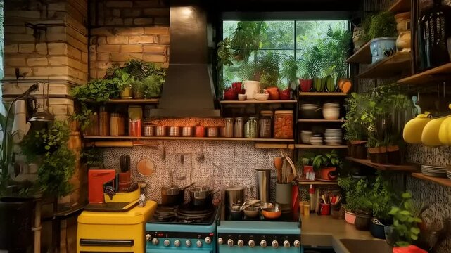 Bohemian Kitchen Interior Design with Vintage Stoves and Shelves Displaying Plants