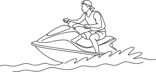 Man Riding Jet Ski on Sea Line Art