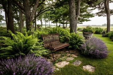 Obraz premium An inviting garden scene with a weathered iron bench surrounded by lush green ferns, lavender, and a peaceful atmosphere beckoning one to sit and relax.
