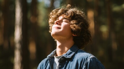 Young man enjoys deep breaths of fresh air while relaxing in a tranquil forest grove during daylight