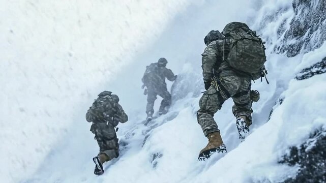 Army Soldiers in Mountain Warfare Training Exercise Ascend Snowy Peak in Harsh Conditions