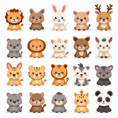 Fototapeta premium cute animal faces set. vector illustration of woodland and safari animal faces.