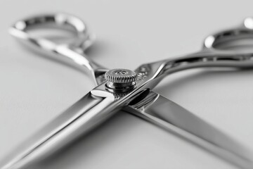 Close-up of shiny metal scissors with selective focus, showcasing precision and craftsmanship, ideal for hairstyling or cutting tasks with sharp blades.