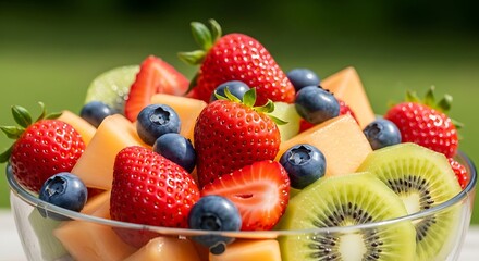 Fototapeta premium Summer Fruit Salad Bursting with Freshness: Strawberries, Blueberries, Kiwi, and Cantaloupe in a Glass Bowl under Bright, Natural Light