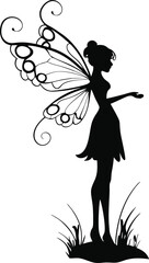 Fairy Silhouette Vector Illustration of Fantasy Woman with Wings and Stars