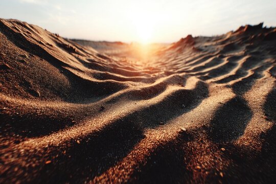 Golden sunset light casting long shadows over undulating sand dunes in a desert landscape, creating a textured and abstract natural pattern, warm tones abound.