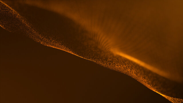 Orange color digital abstract particle wave background , cyber or technology background moving particles