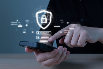 Anti Virus. people hand using data protection application on mobile smartphone, backup storage...