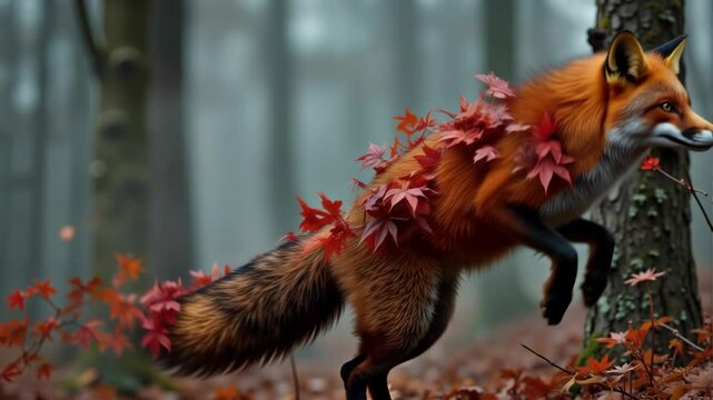 A fox is jumping through the woods with leaves on its back