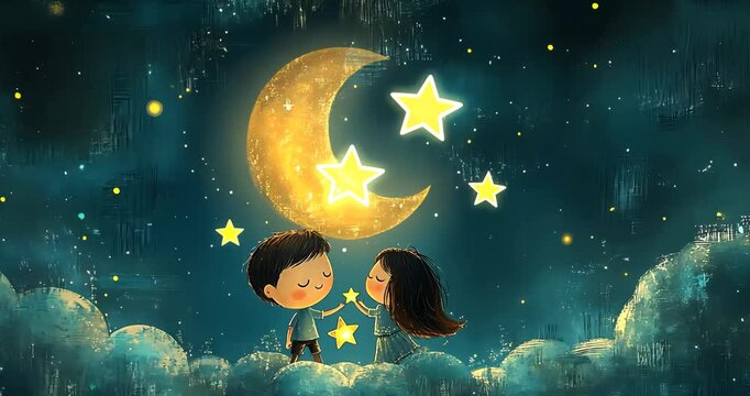 A boy and a girl stand on the clouds, holding stars under a crescent moon in the night sky.