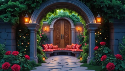 Fototapeta premium A serene garden scene with a stone archway leading to a wooden door and a stone bench with cushions