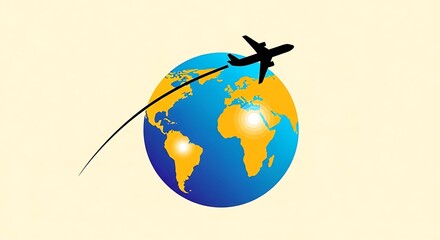 Naklejka premium Airplane Silhouetted Taking Flight Over Earth Globe, Global Travel Concept in Minimalist Flat Vector Illustration with Bright Sunrise, High-Contrast Black on Yellow/Blue, Aviation and Worldwide