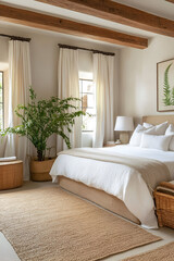 Fototapeta premium A contemporary bedroom with natural wood furniture, white linens, and green plant accents
