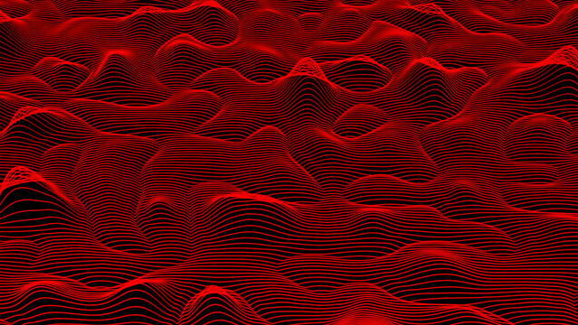3d data flow concept, sci-fi topographic pattern background. Red high tech horizontal lines moving in digital space