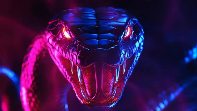 Mesmerizing close-up of a snake with glowing eyes in a vibrant neon environment