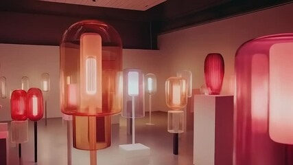 Modern illumination exposition, glowing light sculptures, abstract lighting installation - Powered by Adobe