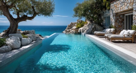 a pool with white stone walls and blue water, overlooking the sea in Greece. The shore is covered by beige rocks