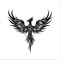 hoenix, tribal phoenix, rising bird, fire bird, tribal tattoo bird, mythical creature, phoenix vector, fantasy bird, symmetrical tribal art, elegant wings, flaming feathers, rebirth symbol, ancient my