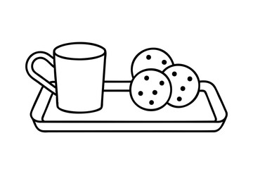 Mug of coffee and chocolate chip cookies on tray lineart