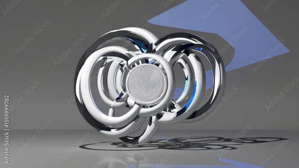 Poster chrome and blue abstract metal object is rotating slowly on a white background, with a light source 