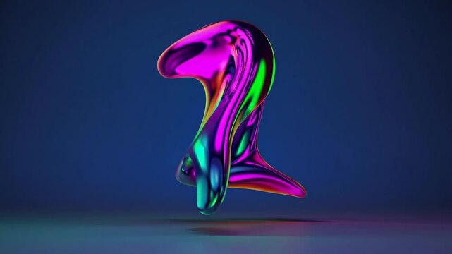 Colorful holographic abstract shapes morphing and changing on a blue background, creating a visually stimulating and captivating display of fluid motion and vibrant colors