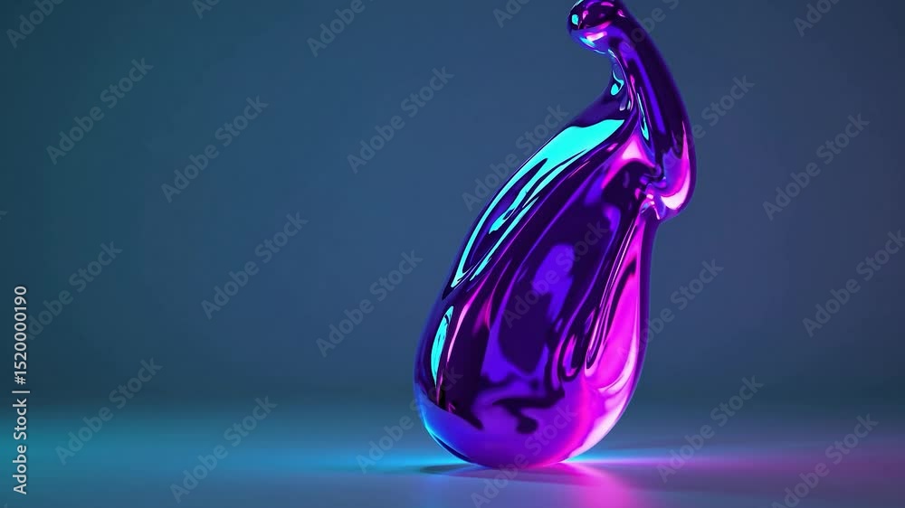 Poster metallic purple and teal liquid transforming dynamically, morphing across gradient background with f