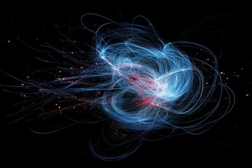 A dark black background with blue and red lines that form an abstract, fuzzy ball of energy