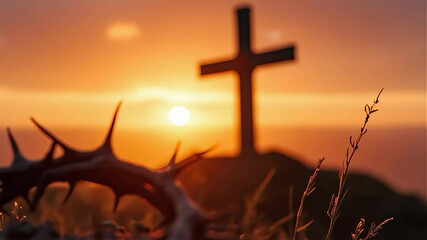 A close-up of a crown of thorns against the background of a blurred silhouette of a cross on a hill during sunset. Symbol of the Passion of Christ, Easter and redemption. - Powered by Adobe