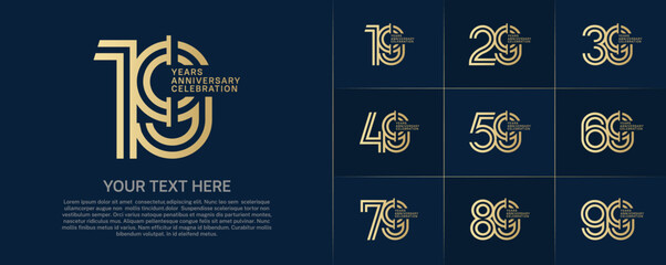 Anniversary logo type set with double line number. golden color for celebration event
