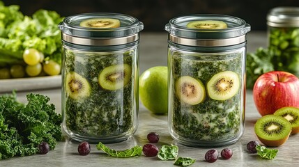 Two glass jars filled with kale salad, topped with kiwi slices