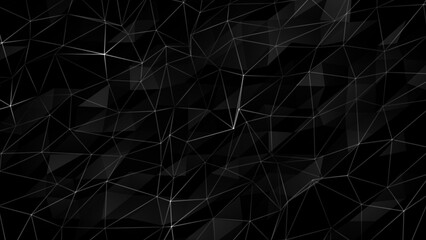 white flashing lines and dots with multiple polygon shape on black background, dark futuristic 3d technology background