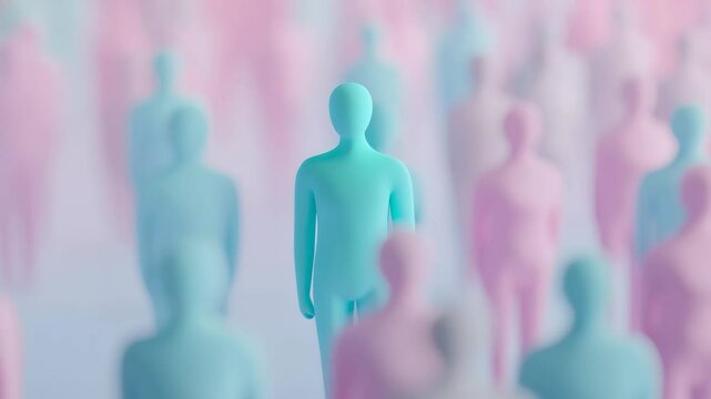 Turquoise 3d human standing out amid blurry crowd of pink and blue figures, symbolizing individuality and difference against white minimalist background