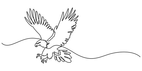 Eagle as symbol USA. One line continuous bird. Line art, outline, single line silhouette. Hand drawn vector illustration, An eagle soars in the sky with its wings spread wide. A large bird of prey.