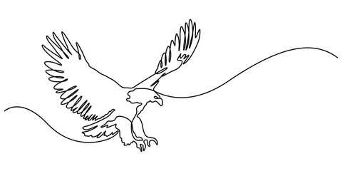 Eagle as symbol USA. One line continuous bird. Line art, outline, single line silhouette. Hand drawn vector illustration, An eagle soars in the sky with its wings spread wide. A large bird of prey.
