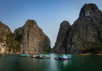 Beautiful panorama  of Lan Ha bay, Ha Long, Vietnam, with many limestone karst islets and turquoise sea water. 
