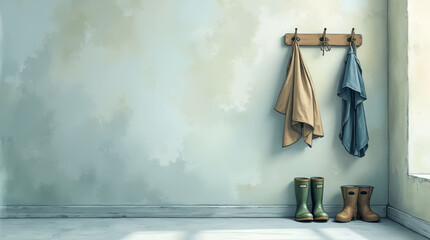 Rain gear hanging on hooks with rubber boots on the floor in a bright and airy room with copy space